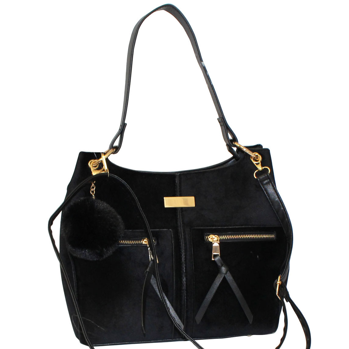 313 Black Tote Bag with PomPom and Metal Zip Pockets bagzone.co.uk